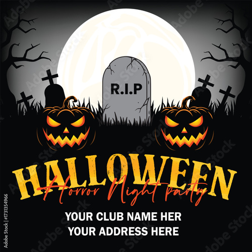 Vector art of halloween horror night party flyer with spooky graveyard and pumpkins
