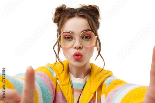 Young woman with fun hairstyle and colorful glasses making a kiss face, isolated on transparent background