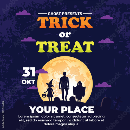 Vector art of halloween trick or treat event flyer with spooky silhouettes