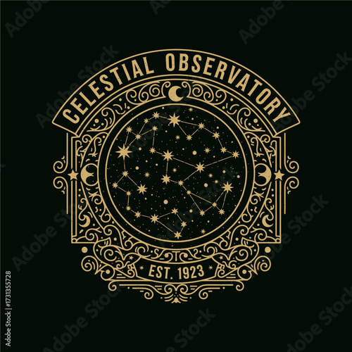 Elegant vintage emblem featuring the words Celestial Observatory, constellations, and the year 1923.
