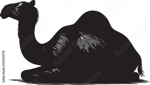 Silhouette of a dromedary camel sitting down in a stylized black and white artistic illustration