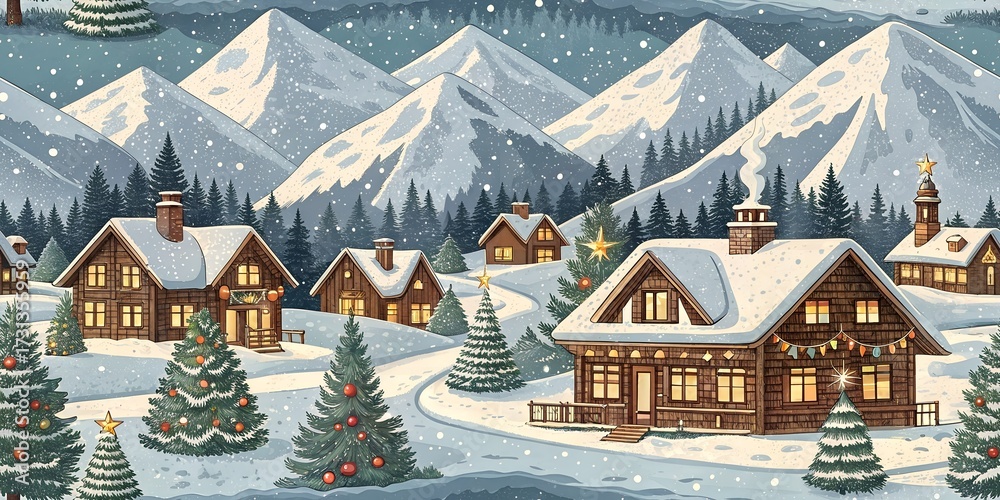 Ski Lodge Christmas Seamless Pattern, Holiday Event Mountain Theme Ski Lodge Christmas Seamless Pattern, Holiday Event Mountain Theme