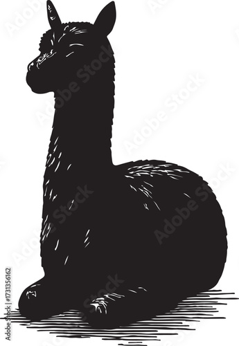 Silhouette of a black alpaca sitting peacefully on a white background with a textured ground line