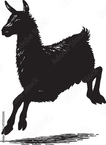 Dynamic silhouette of a llama leaping joyfully with a textured shadow on a white background