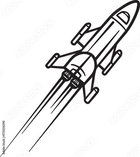 Modern line art rocket ship launching with speed, ready for adventure, perfect for space exploration themes or futuristic designs, originally a vector