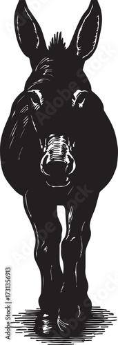 Dark silhouette of a muscular donkey or mule with large ears standing on a textured surface