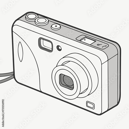 A simple line art illustration of a compact digital camera with its lens extended and strap attached on a plain background