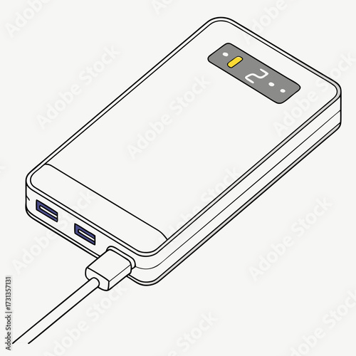 Modern white portable power bank with two usb ports and digital display showing charge level connected to a cable