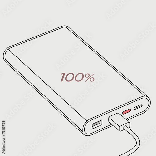 Illustration of a portable power bank fully charged at one hundred percent with a connected charging cable and indicator light