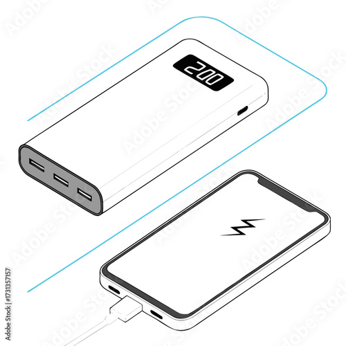 Modern illustration of a white portable power bank charging a smartphone with a lightning bolt icon on its screen