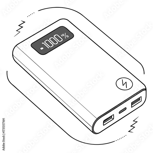 Modern portable power bank device with a digital display showing 100 percent charge and charging indicator symbols