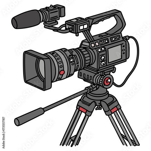 Professional video camera with microphone and tripod for filming and broadcasting on a white background