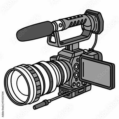 Professional video camera with lens and microphone on white background illustration