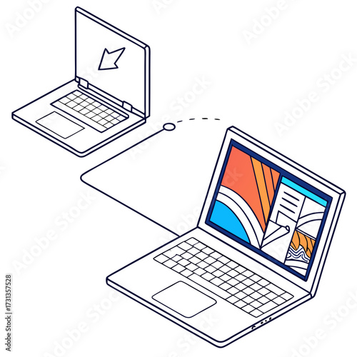 Two isometric laptops connected by a dashed line showing data transfer and screen mirroring for remote collaboration