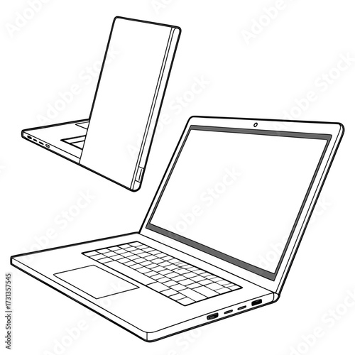 Clean line art illustration of two modern laptops one open and one closed displaying technology and connectivity