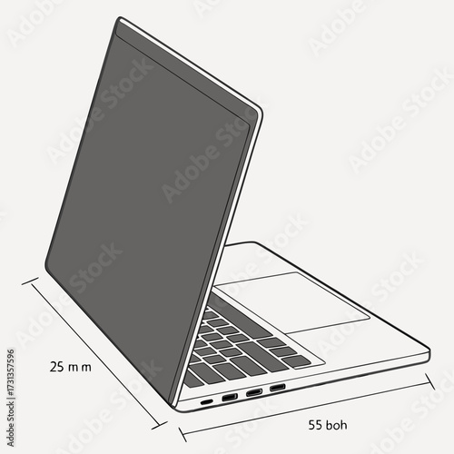 Illustration of a modern laptop with dimensions indicated for height and width on a plain background