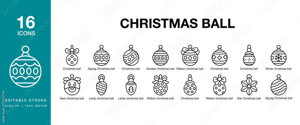 Fototapeta premium Christmas Ball icon set. Includes holiday, decoration, winter, celebration, christmas and More. Editable Stroke Icon Collection.