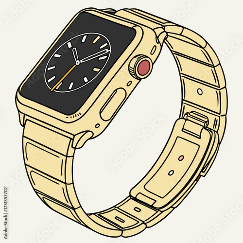 A detailed illustration of a modern gold smartwatch with a black face and a metal link band displayed on a plain background