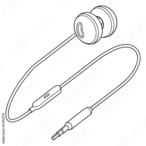 Simple black and white line art illustration of wired earbuds with a microphone and audio jack on a white background