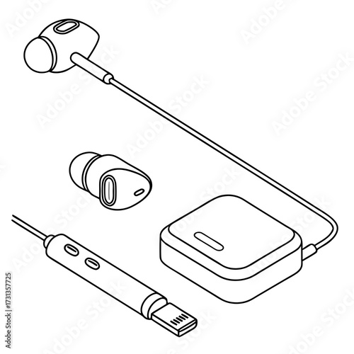Isometric line art illustration of wireless earbuds and charging case with usb connector for music and communication
