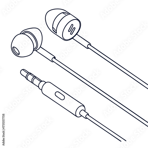 Minimalist outline illustration of a pair of wired earphones with a 3 5mm audio jack on a white background