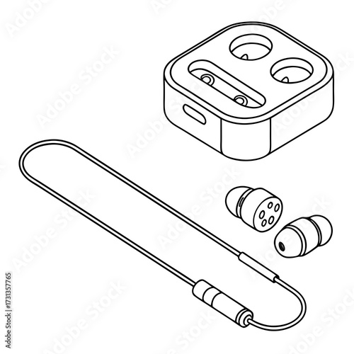 Isometric line art illustration of wireless earbuds with charging case and a wired earphone set on a white background