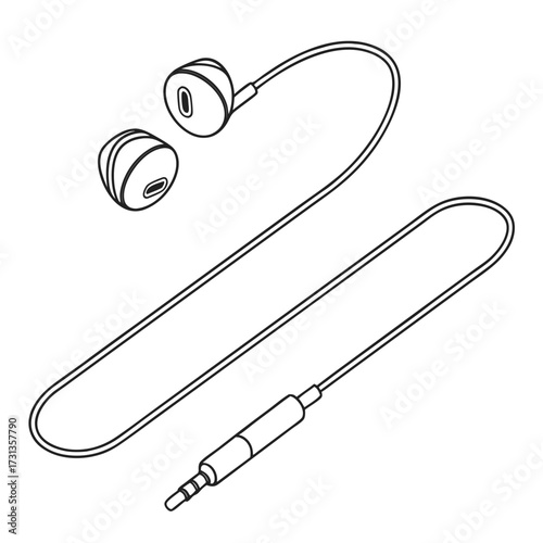 Minimalist outline illustration of a pair of white wired earbuds with a standard audio jack connector on a white background