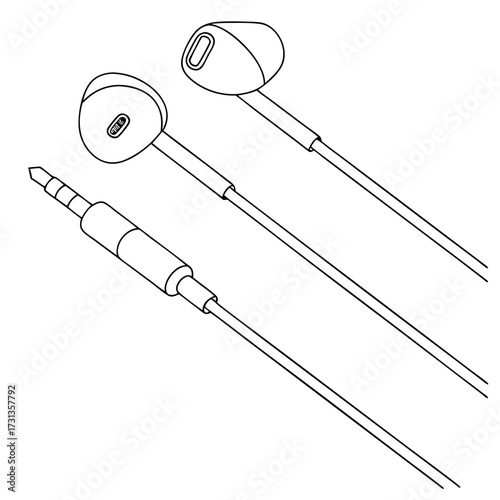 Clean outline drawing of a pair of wired in ear headphones with a 3 5mm audio jack connector on a white background