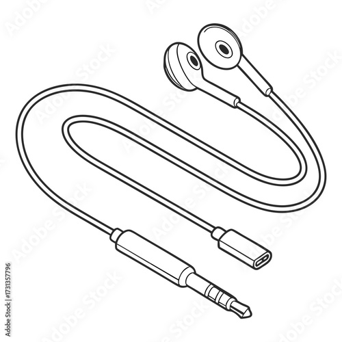 Line art illustration of white earbuds with a usb type c adapter and a 3 5mm jack connector for audio devices