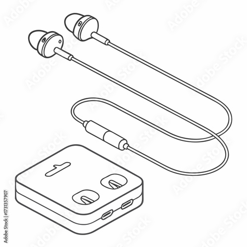 Clean line art illustration of modern wired earphones with a compact charging case and usb c ports on white background