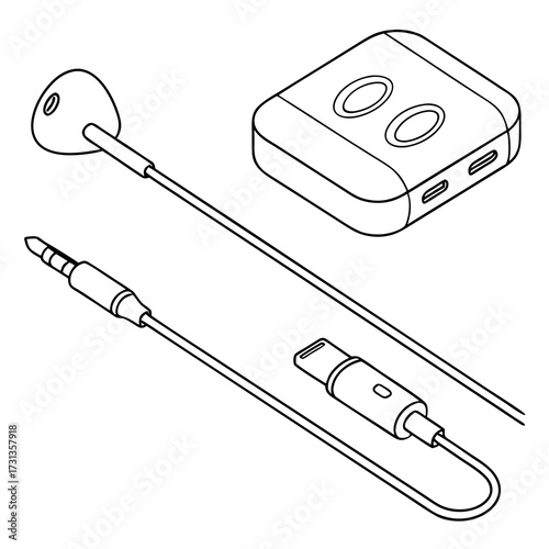 Black and white line drawing of a pair of earphones with a 3 5mm jack and a usb c connector