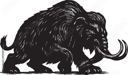 Detailed black and white illustration of a prehistoric woolly mammoth with large tusks and shaggy fur isolated on a white background