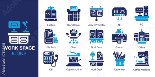 Work Space icon set. Containing interior, work, space, computer, desk and more. Solid vector icons collection. Vector illustration.