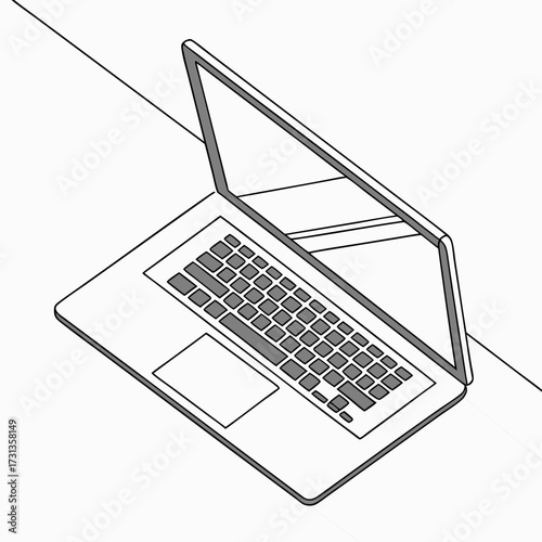 Isometric line art illustration of an open laptop computer with a keyboard and trackpad on a white background