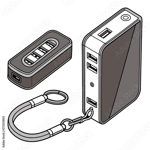 Isometric illustration of a portable power bank with multiple usb ports and a compact usb flash drive with a lanyard