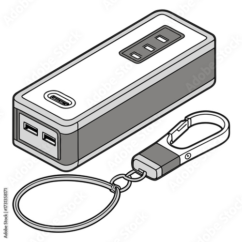 Compact portable power bank with usb c and usb a ports and a detachable keychain for easy carrying and charging on the go
