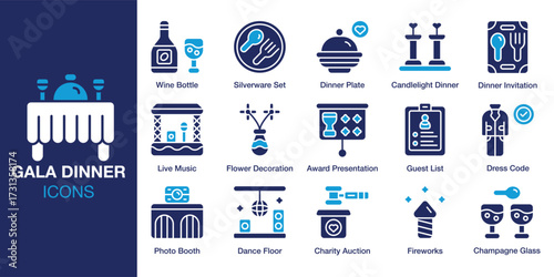 Gala Dinner icon set. Containing luxury, decoration, formal, night, table and more. Solid vector icons collection. Vector illustration.