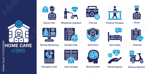 Home Care icon set. Containing care, patient, retirement, help, medical and more. Solid vector icons collection. Vector illustration.