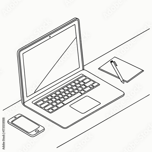 Clean isometric line drawing of a modern laptop computer with smartphone and notepad with pen on a desk