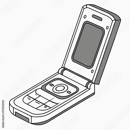 A simple line art illustration of an open flip cell phone with a gray screen and keypad on a white background