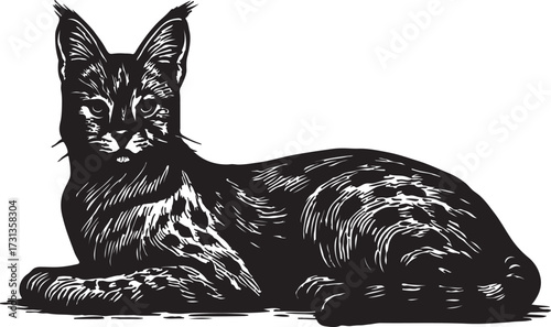 Detailed black and white woodcut illustration of a wild cat with spotted fur and tufted ears lying down