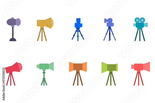 Colorful Film Camera and Stage Lighting Illustration Set