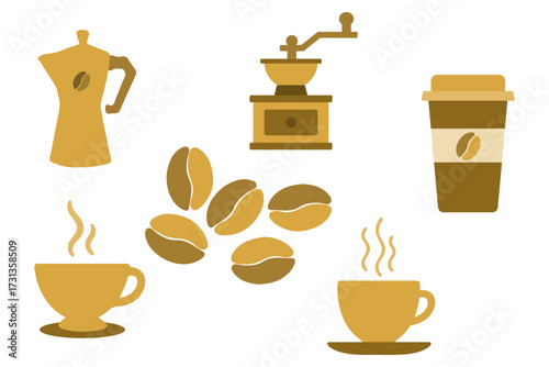 Coffee Icons Set: Moka Pot, Grinder, Takeaway Cup, and Coffee Beans