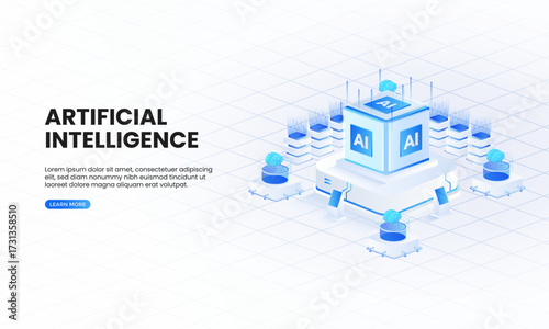 Artificial intelligence chip isometric vector illustration. Central ai data machine learning technology, AI systems landing page template.