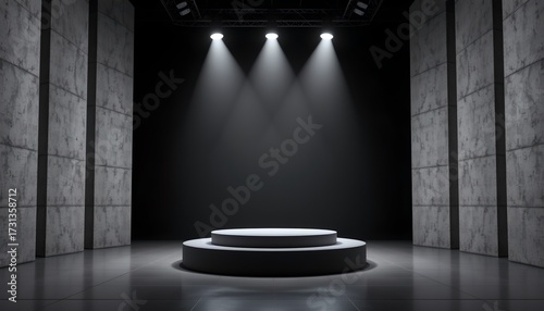 A staged event space with a modern design. At the center of the scene is a circular platform illuminated by spotlights, creating a focus area for performances or presentations