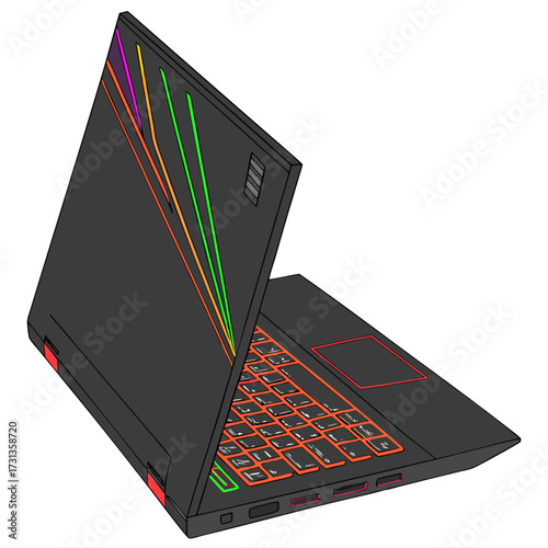 Modern dark gray gaming laptop with colorful illuminated keyboard and stylized lines on the lid