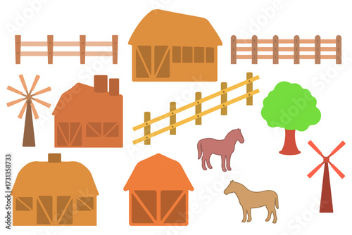 Farm Scene with Barns, Fences, Horses, Windmills, Tree illustration