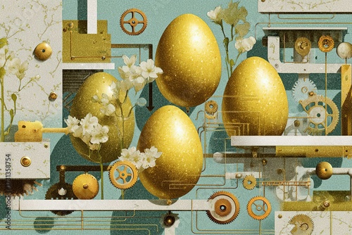 Golden eggs surrounded by delicate flowers and intricate gears in a whimsical mechanical setting, showcasing a blend of nature and technology in a captivating illustration