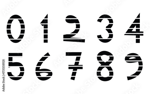 Modern striped numbers from zero to nine in a bold sans serif style typeface