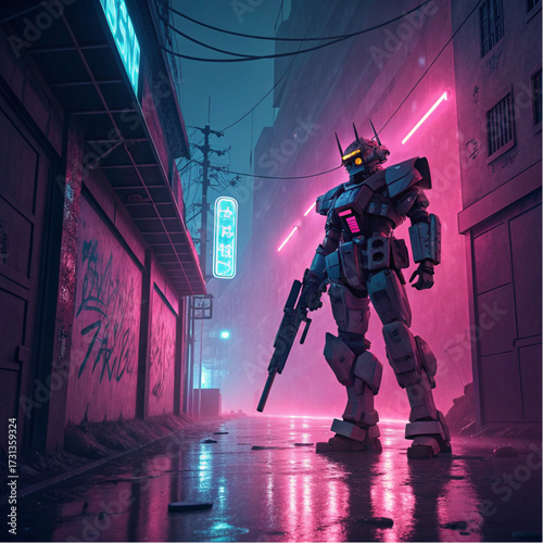 Cyberpunk robot standing in a neon lit alleyway